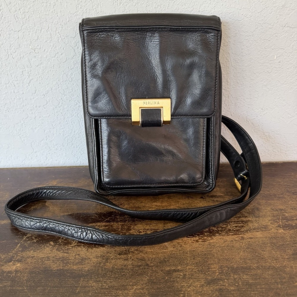Perlina New York Black Leather Crossbody Messenger Bag Purse Cell Organizer Y2Kβ
